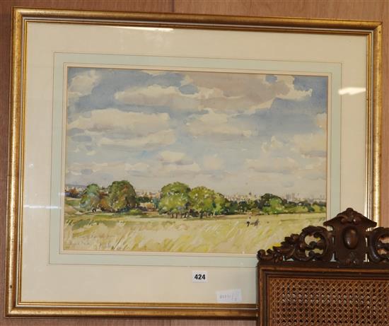 Llewellyn Petley Jones, watercolour, View of London from Richmond Park, signed and dated 65, 36 x 53cm
